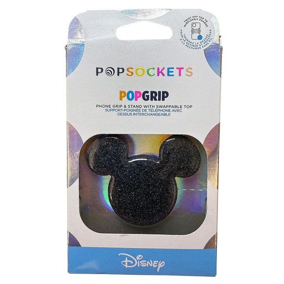 PopSockets Disney Phone Grip Stand Black Glitter Mickey Mouse Earridescent NEW - Picture 1 of 4